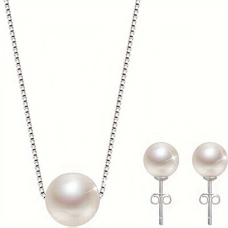 Elegant pearl necklace with a high-luster glass pearl pendant and matching stud earrings, perfect for Valentine's gift.