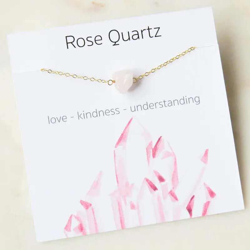 Rose Quartz pendant necklace displayed on card, symbolizing love, kindness, and understanding with a delicate gold chain.