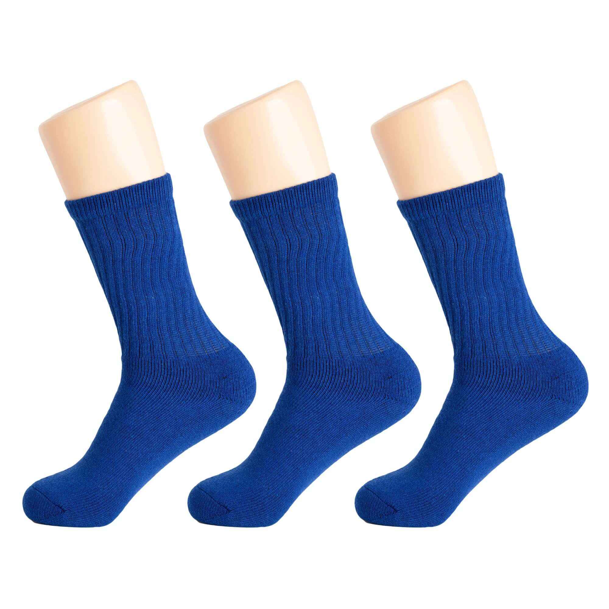 Royal blue cotton crew socks for women, showcasing comfort, breathability, and durability in a three-pair set.