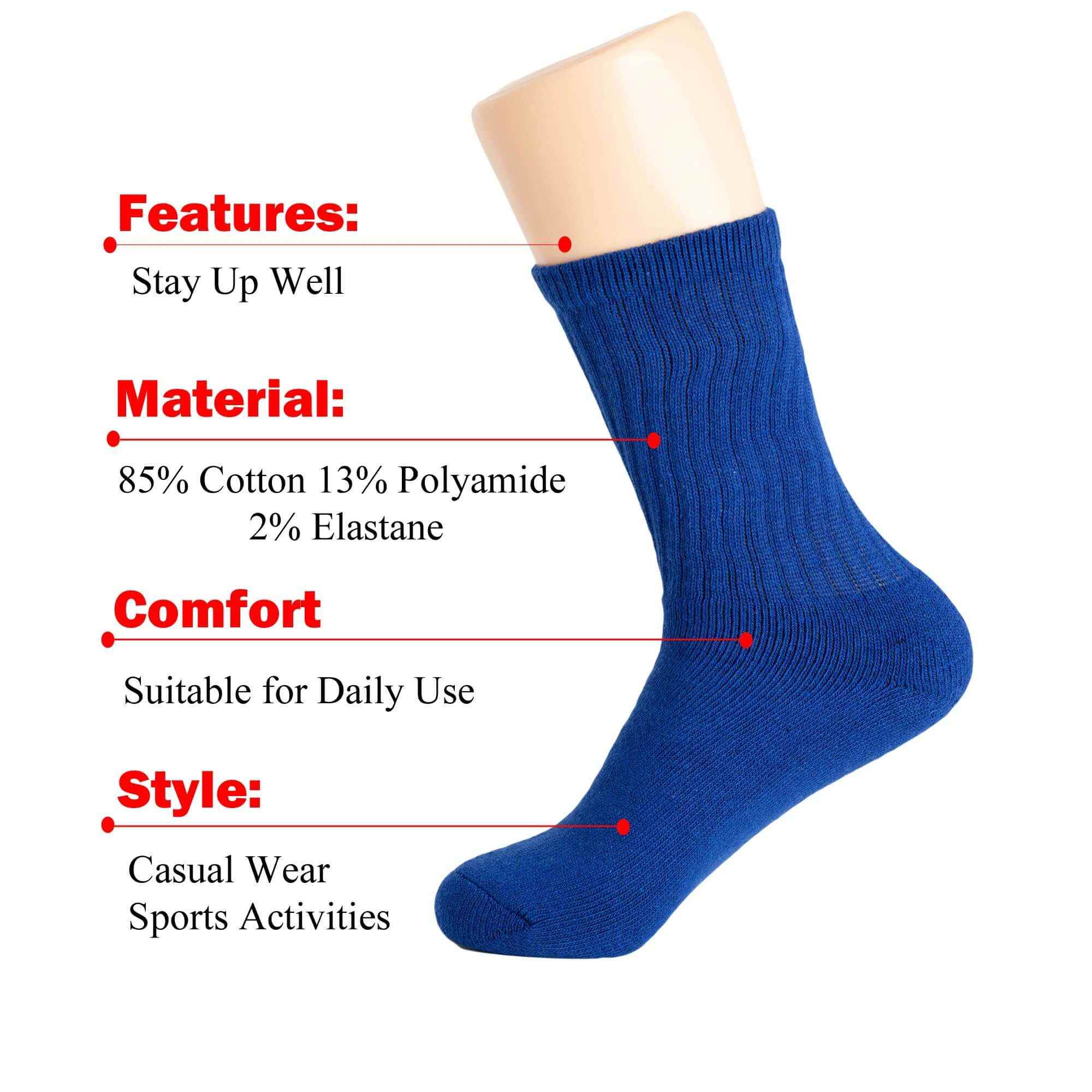 Royal blue cotton women's crew sock showcasing features, material, comfort, and style for casual wear and sports.