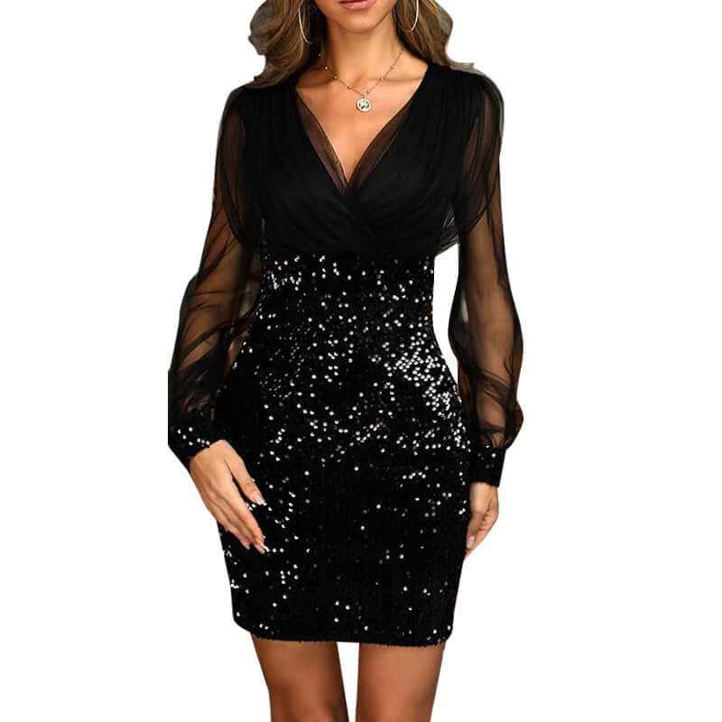 Sexy black hip wrap dress with long sheer sleeves and sequin detail, perfect for elegant occasions.
