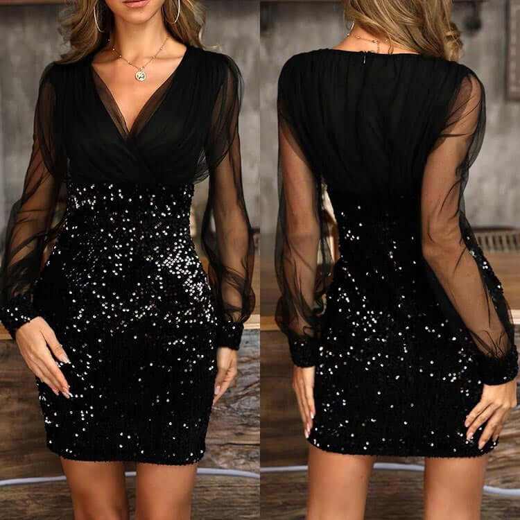 Stylish black hip wrap dress with long sheer sleeves and sequin detailing, perfect for evening wear.