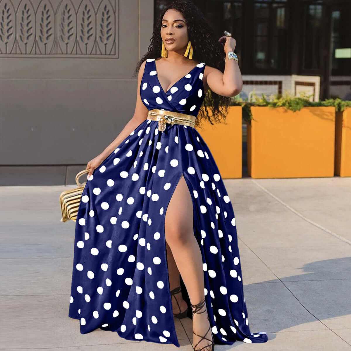 Elegant navy blue polka dot long dress for women with split and waist belt, perfect for parties and clubs.