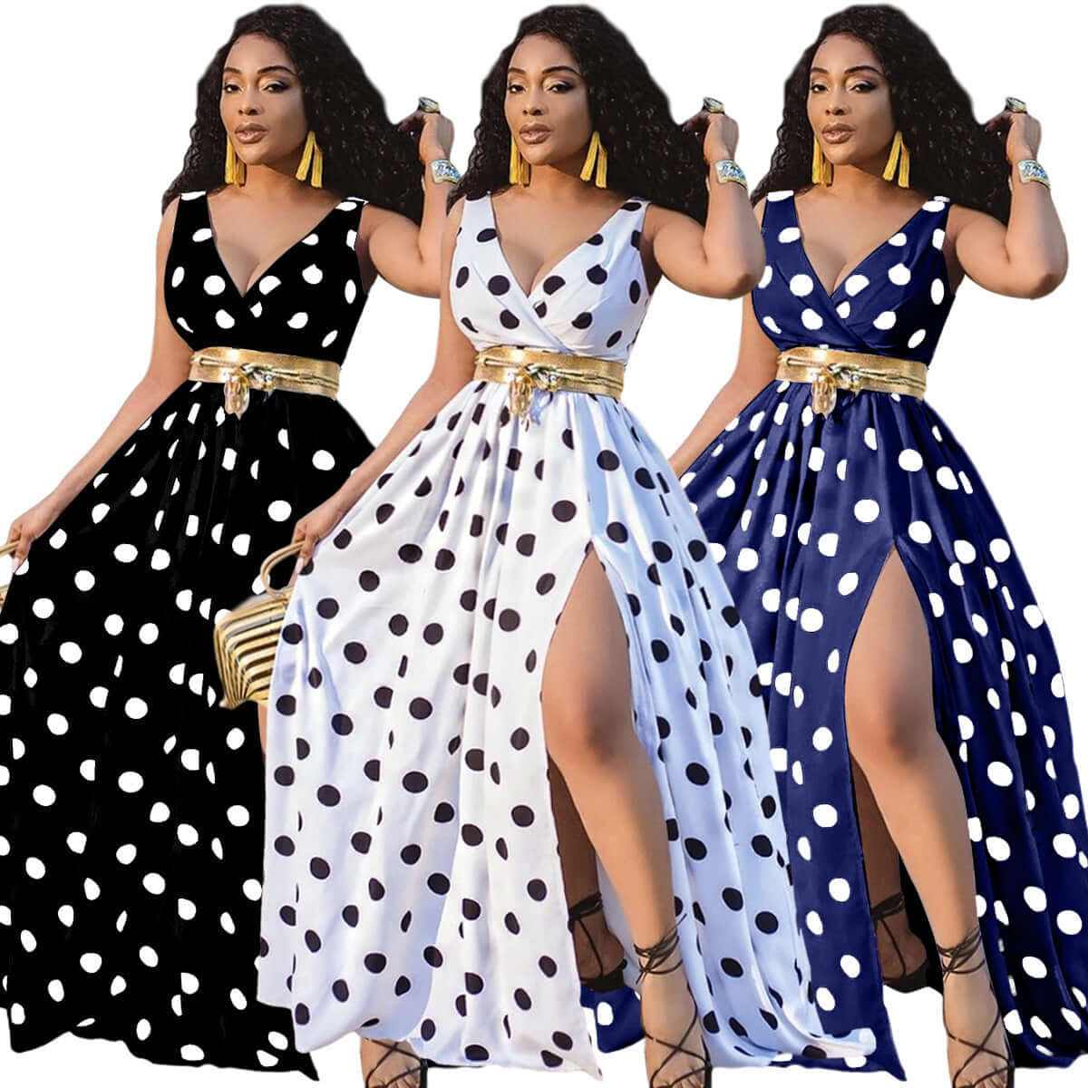 Three stylish women in polka dot maxi dresses with slits and waist belts in black, white, and blue.