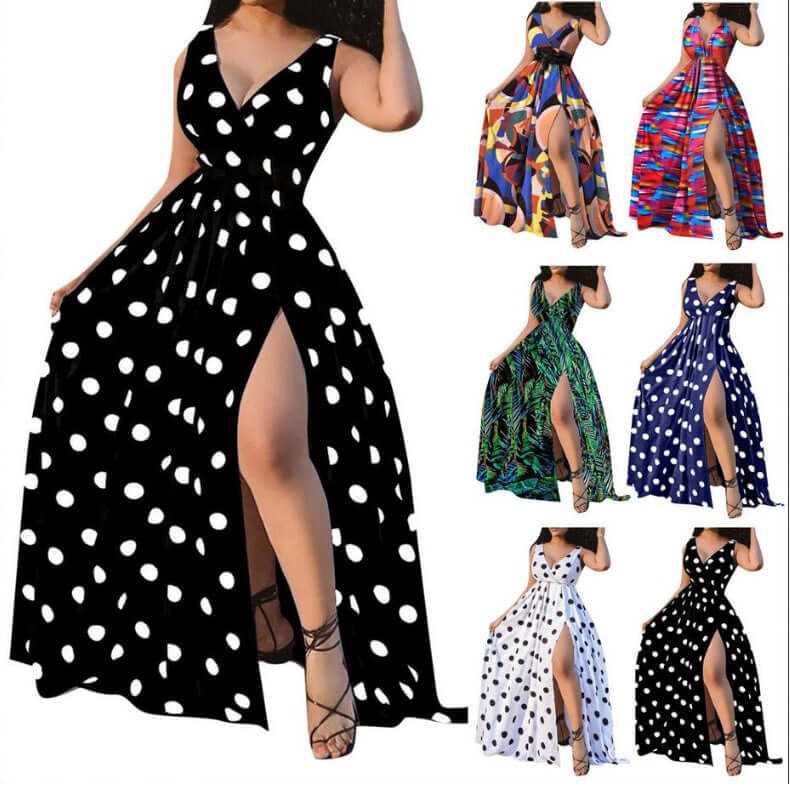 Stylish sexy dresses for women featuring long skirts and thigh-high slits, available in various prints and colors.