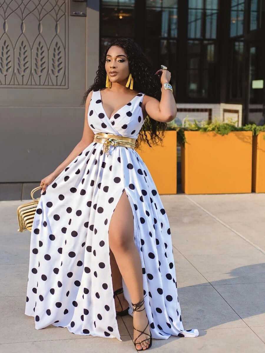 Elegant plus size women’s long skirt party dress with polka dots and a thigh-high slit.