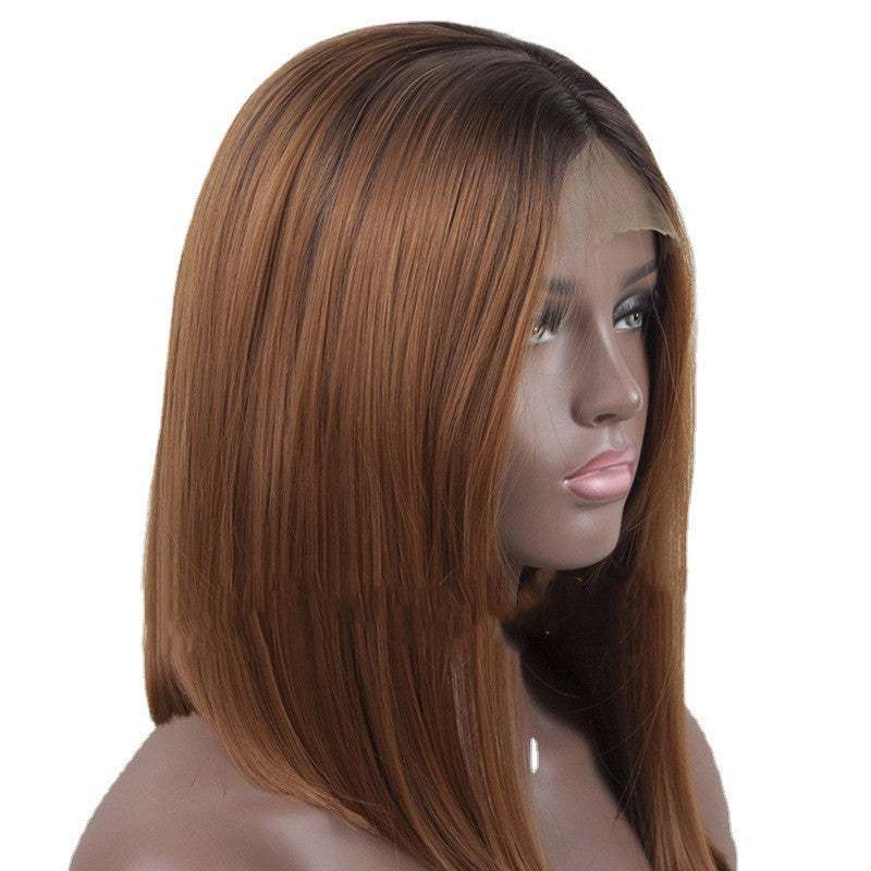 Female wig with mid-shoulder straight short hair European style in brown color