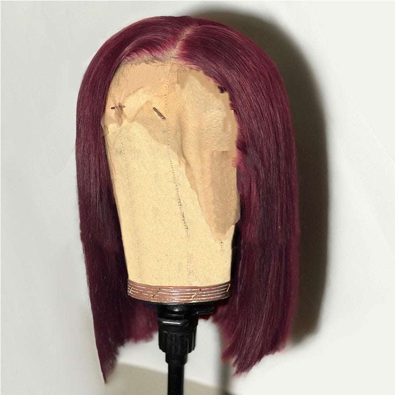 European style short straight bob wig with mid-length burgundy hair on mannequin head