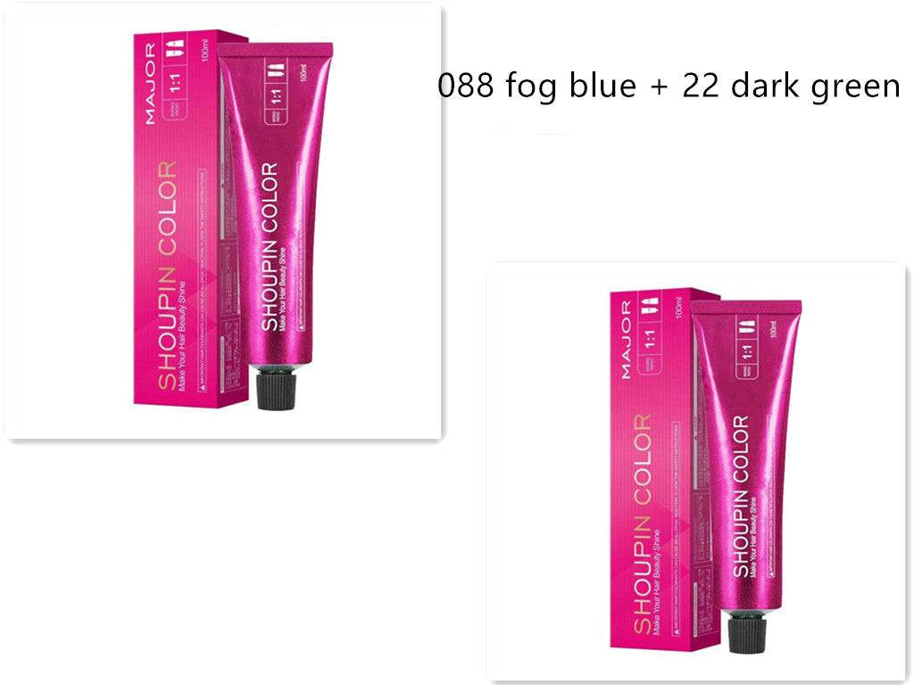 Ammonia-Free Formula natural hair dye tube and box in pink packaging with fog blue and dark green color options