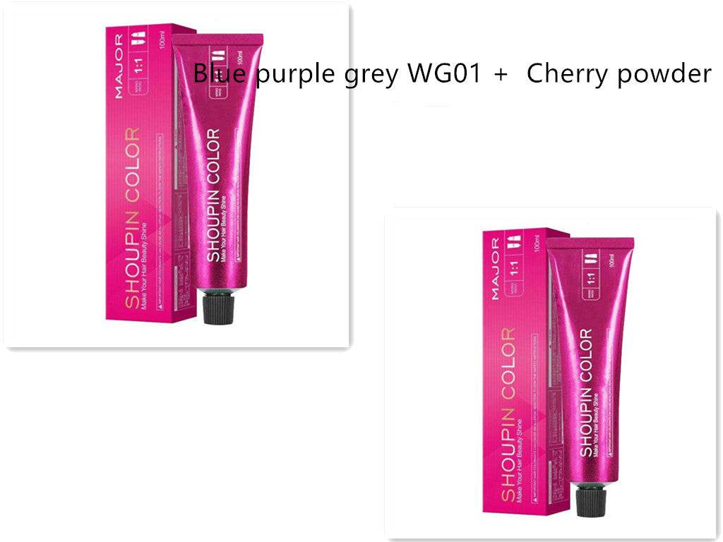 ammonia-free formula natural hair dye in pink tube with matching box labeled shoupin color blue purple grey WG01 and cherry powder color options