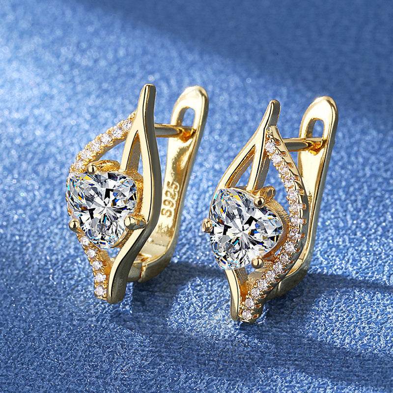 Gold plated heart-shaped earrings with clear stones simple and stylish jewelry for women