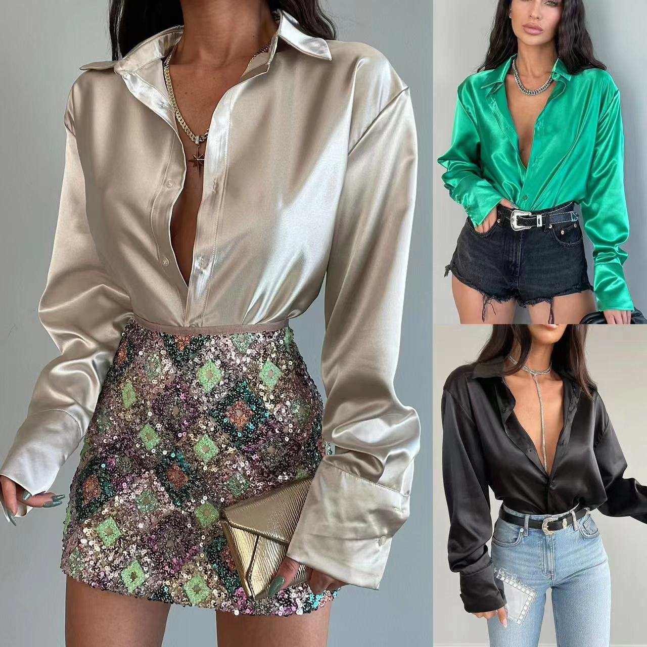Single-breasted long sleeve lapel shirt in various colors worn with stylish outfits.