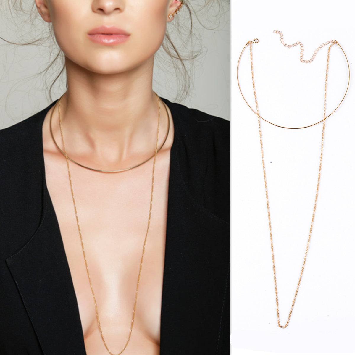 Sleek minimalist gold metal collar necklace on woman and laid flat on white background