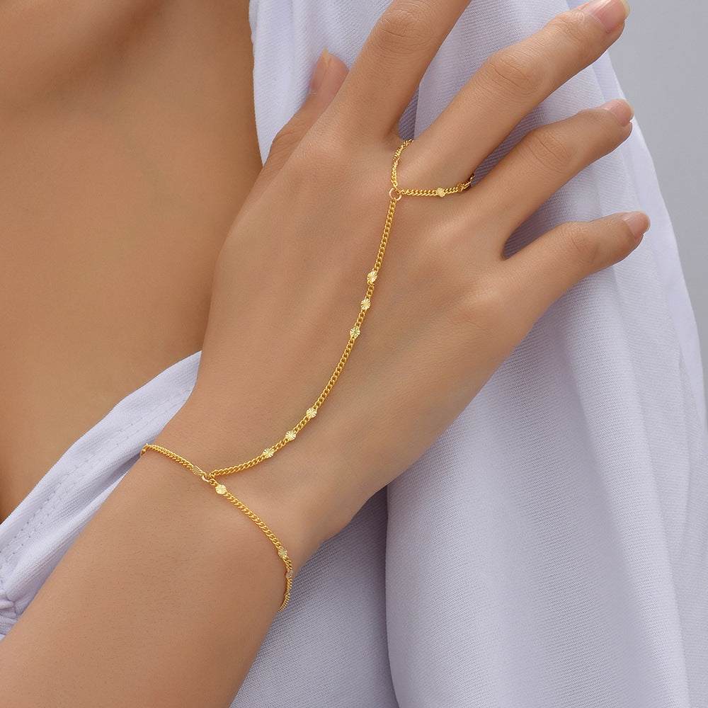Gold small beads wafer chain mitten-type bracelet on hand