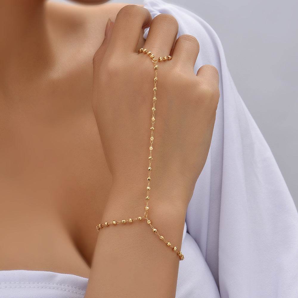 Gold small beads wafer chain ring mitten-type bracelet on hand
