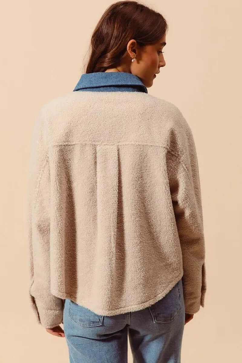 Back view of SO ME Faux Sherpa Fur Shacket with Denim Collar, showcasing stylish and cozy outerwear for colder days.