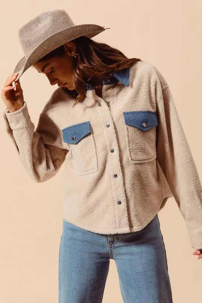 Model wearing SO ME Faux Sherpa Fur Shacket with Denim Collar, showcasing stylish and cozy outerwear.