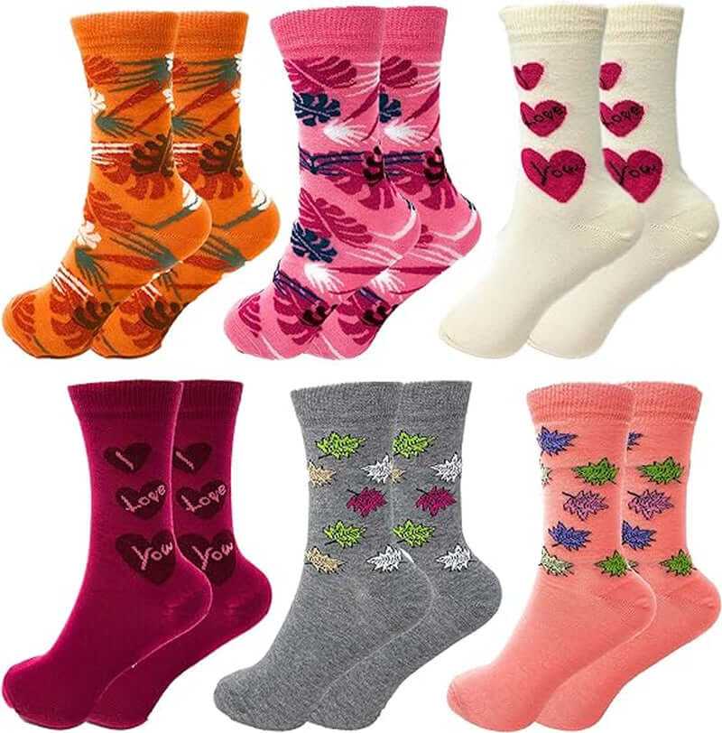 Colorful women's crew socks in fun patterns, soft breathable combed cotton, 6-pair pack