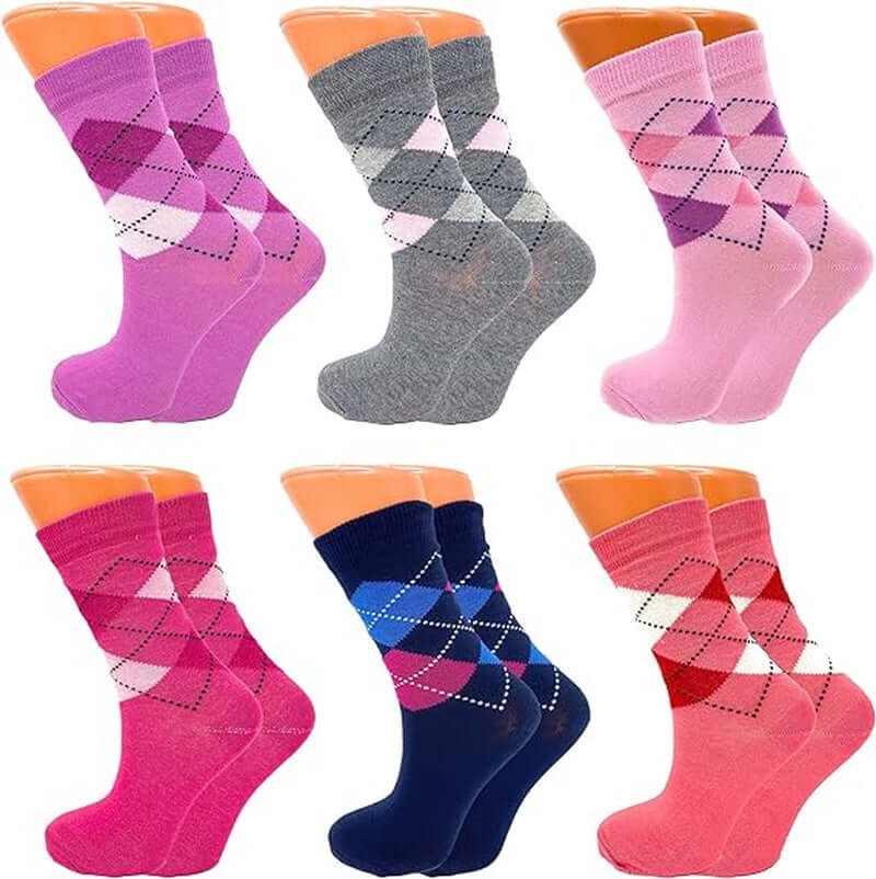 Pack of six colorful women's crew socks in breathable combed cotton with argyle patterns
