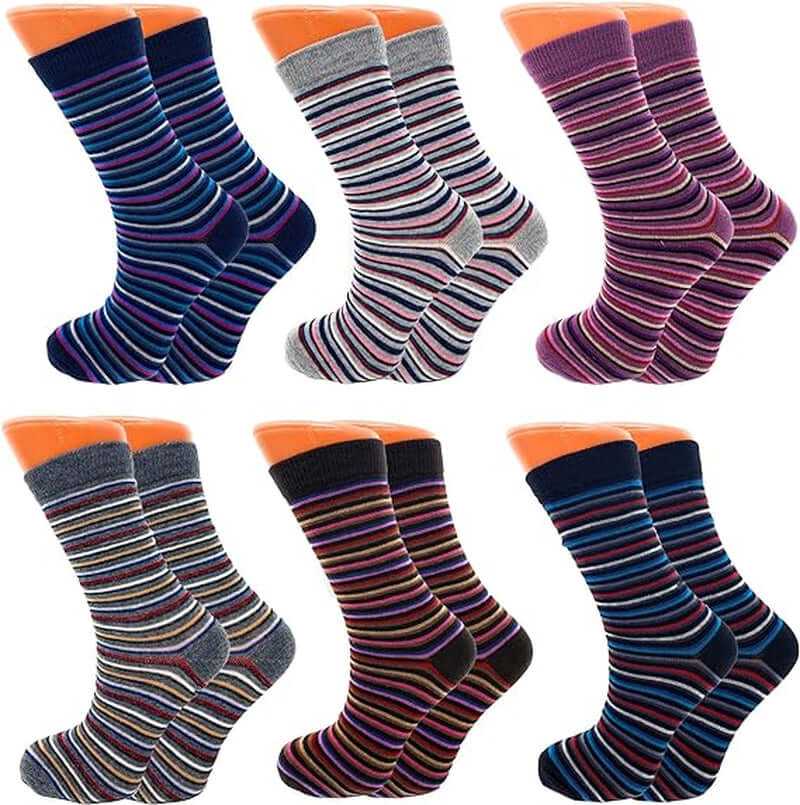 Pack of 6 colorful women’s combed cotton crew socks with breathable, soft, moisture-wicking fabric.