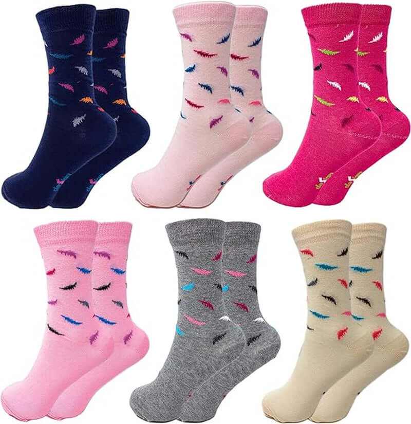 Pack of six women's breathable colorful crew socks with feather patterns in various colors