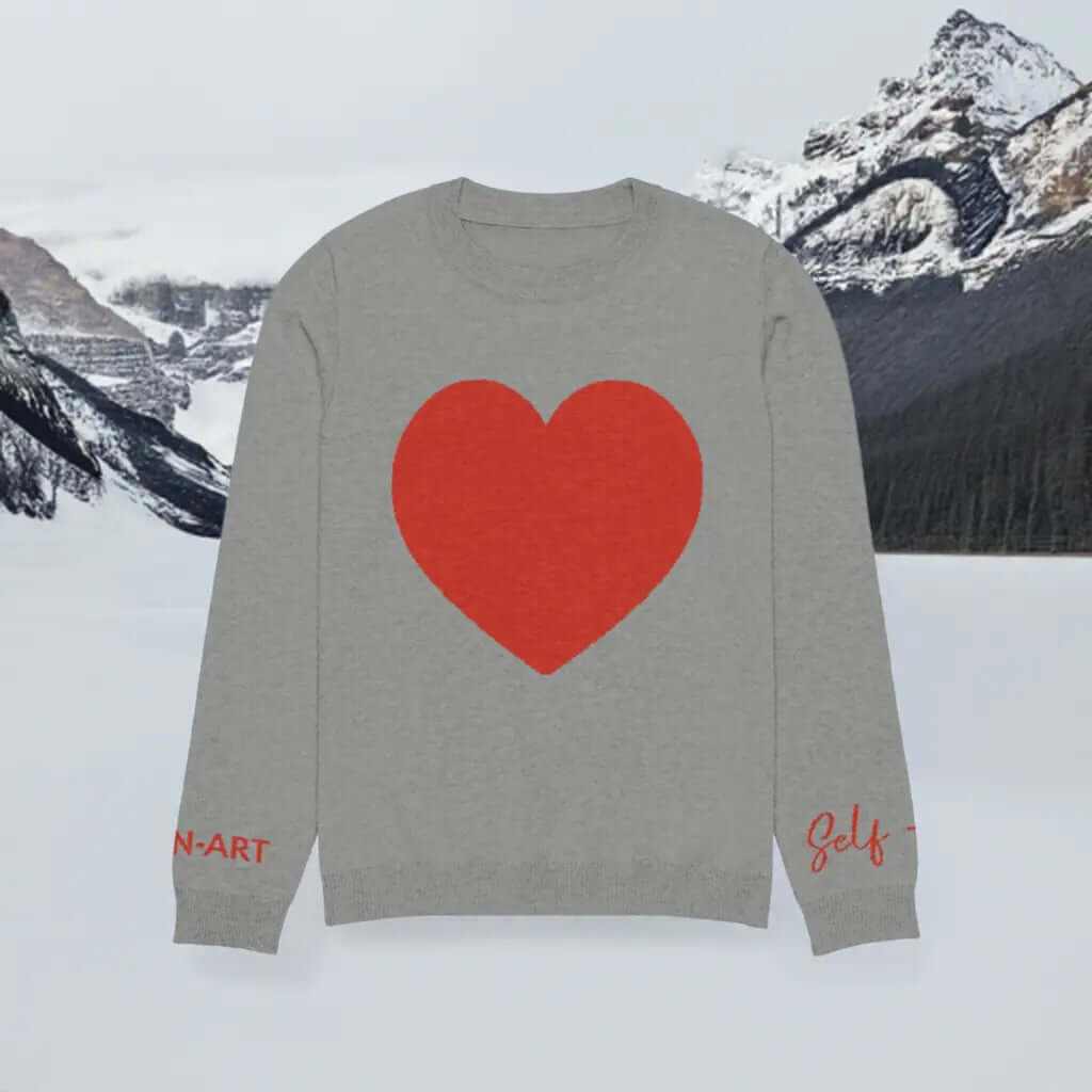 Soft cozy grey crew neck sweater with a red heart graphic, perfect for relaxed or formal outfits.