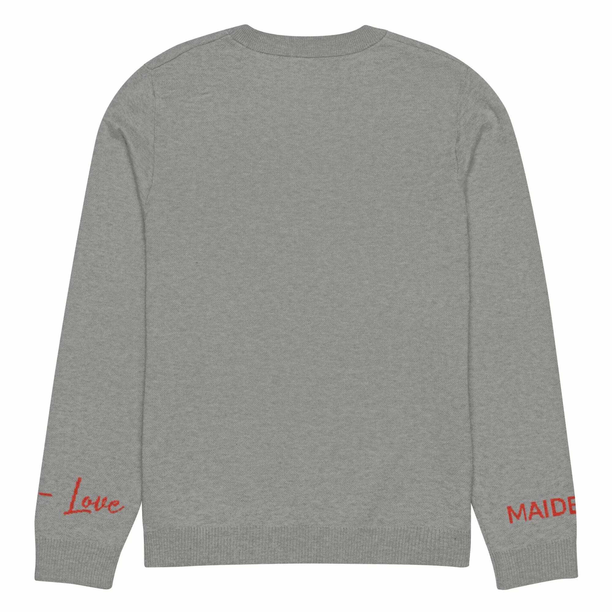 Back view of a soft grey crew neck sweater with red text detailing on sleeves, perfect for cozy casual outfits.