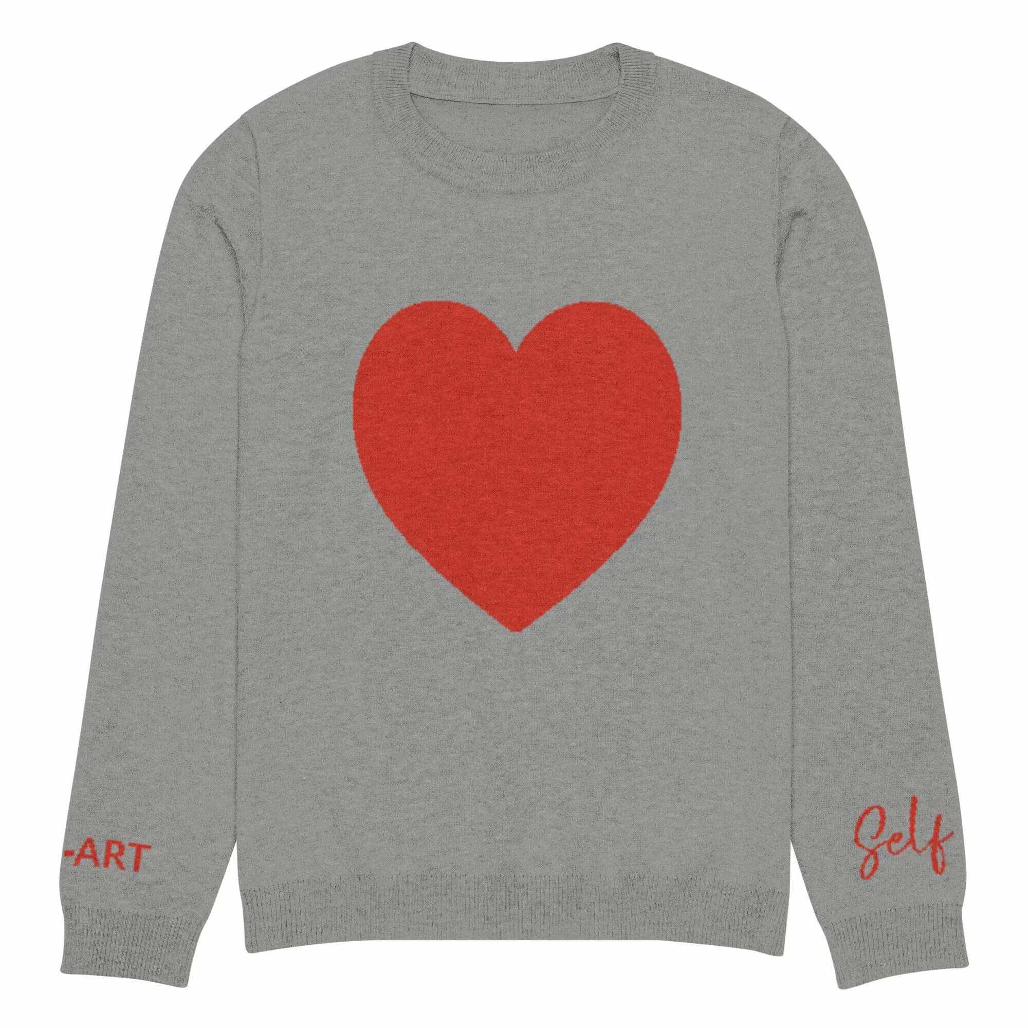 Soft cozy grey crew neck sweater with red heart design and self-art lettering on sleeves.