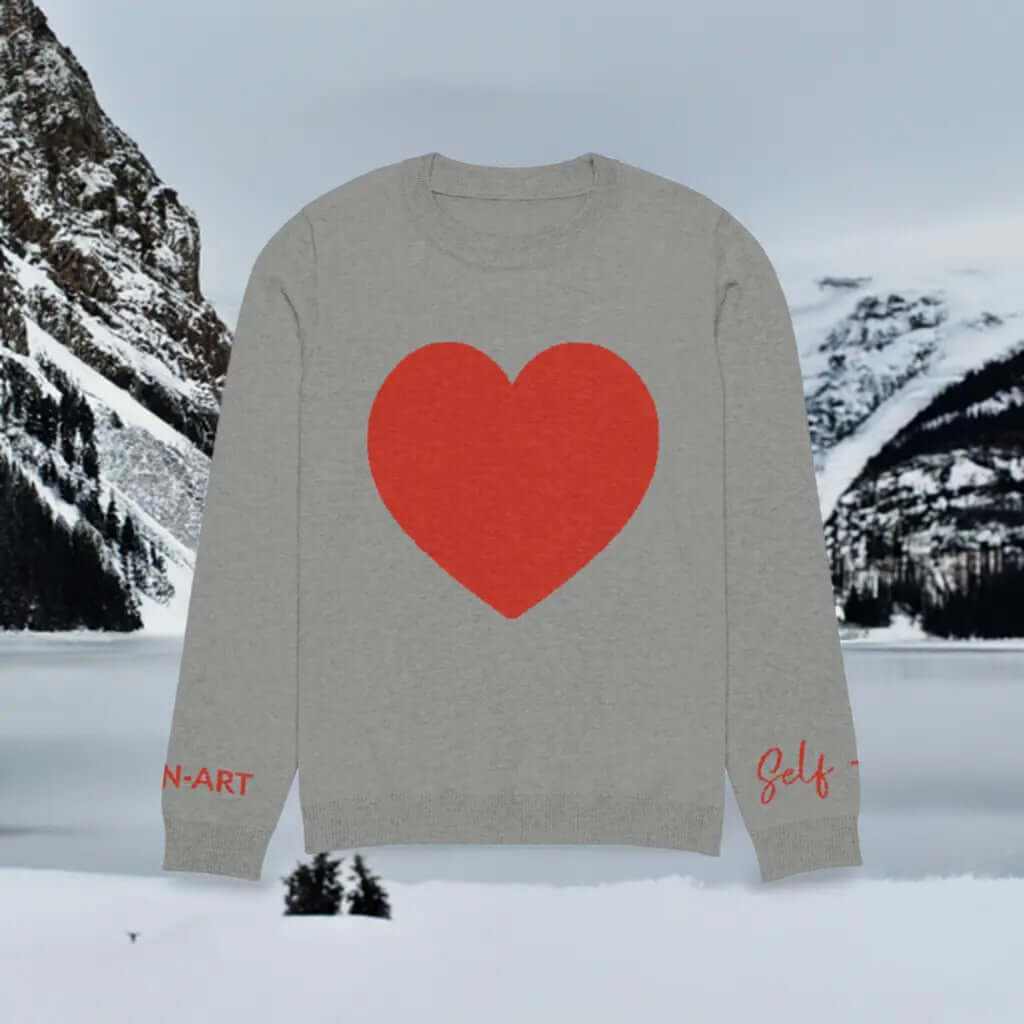 Soft cozy grey crew neck sweater with oversized red heart design on chest, perfect for casual wear in winter.