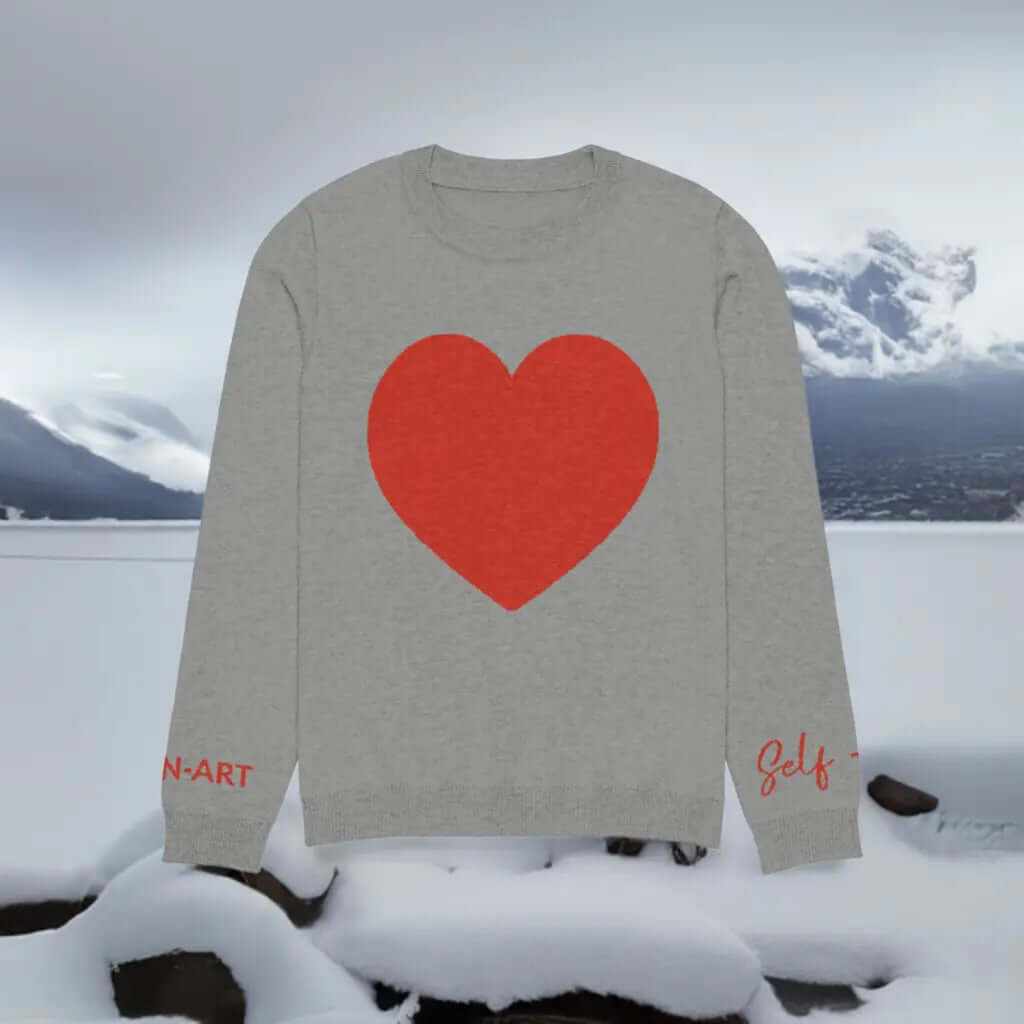 Grey crew neck sweater with a large red heart design, featuring the words 'Self-Art' on the sleeves.