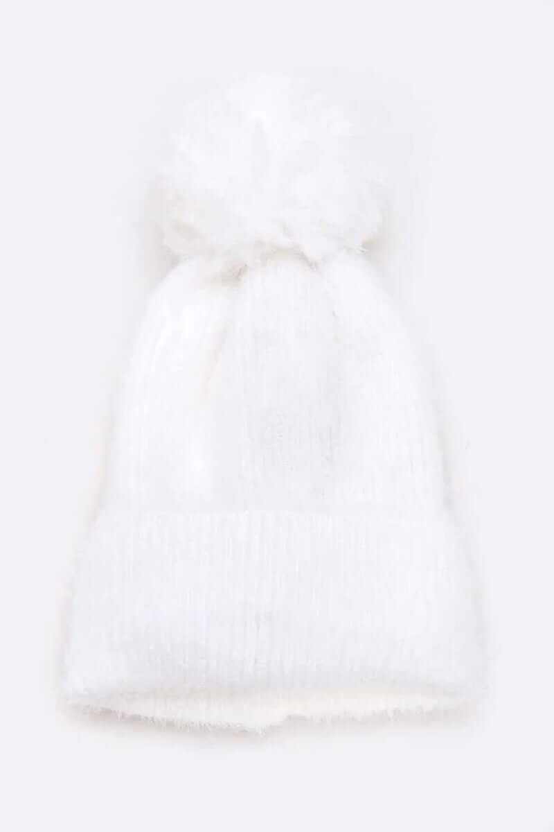 Soft cozy white mohair faux fur pom beanie for women, perfect for winter fashion and warmth.