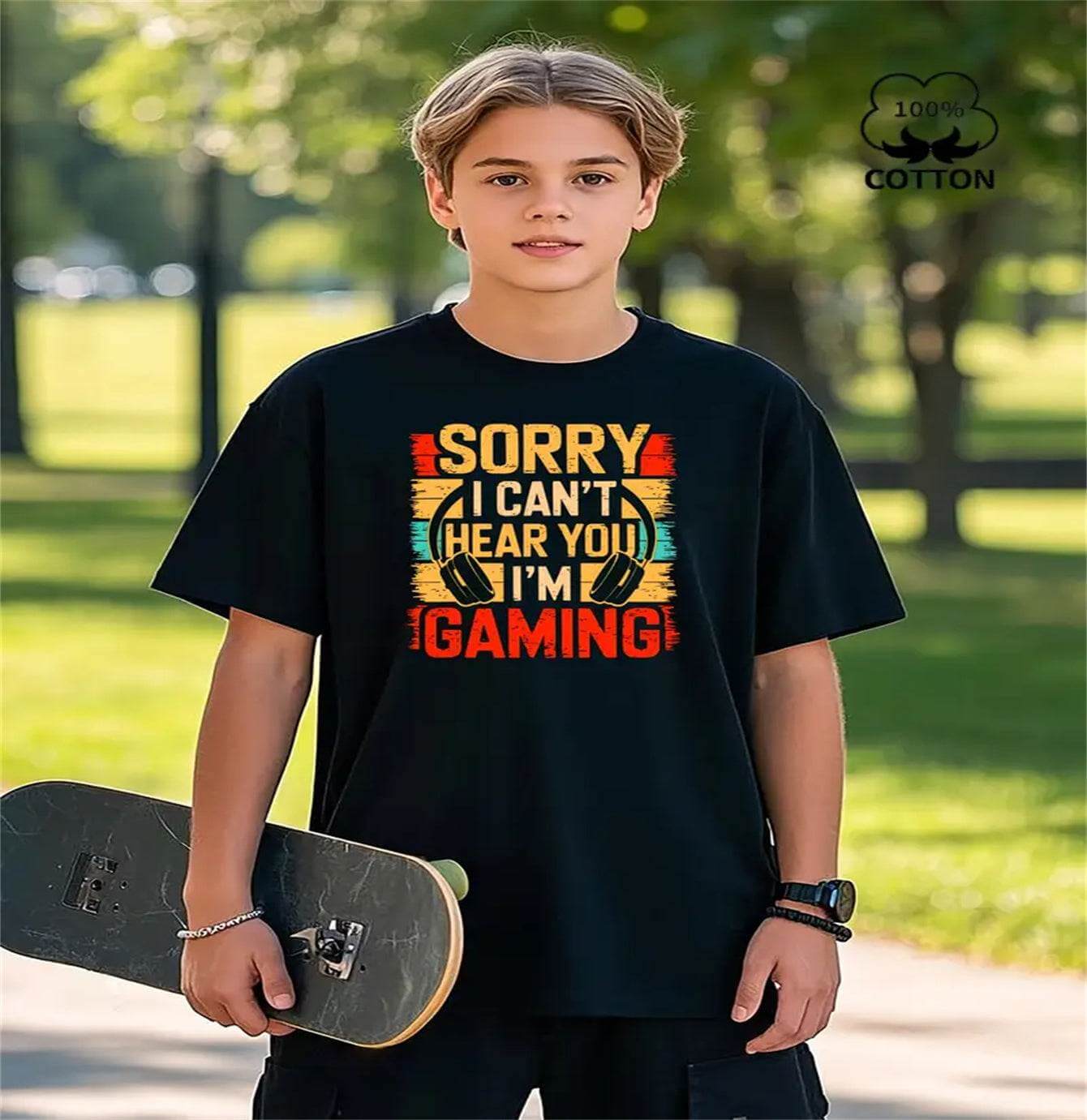 Men's black printed short-sleeved t-shirt with gaming text, comfortable fit for casual wear