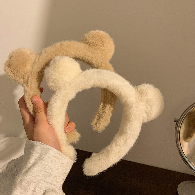 Soft plush Spa Essential Cartoon Hair Tie headbands in milky white and khaki colors with cute bear ear design for women