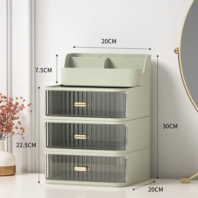 Space-saving vanity storage box with three translucent drawers in youngrace green color, measuring 20x30x20 cm