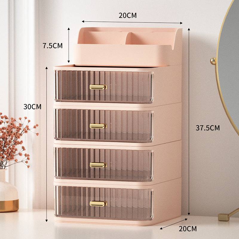 Space-saving vanity storage box with four transparent drawers in elegant pink color, 37.5cm tall and 20cm wide.