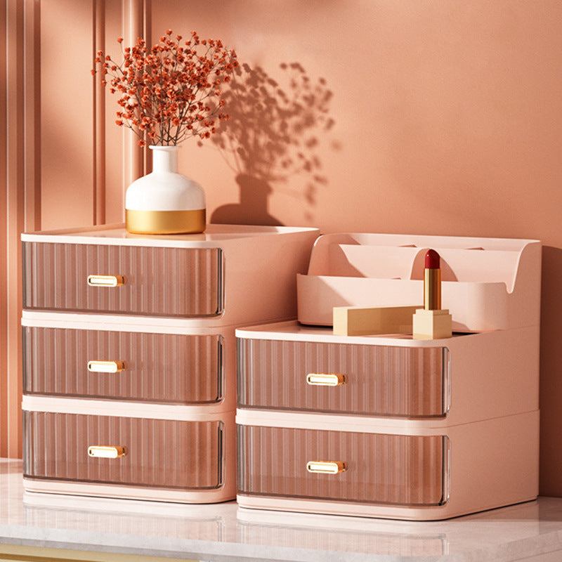 Pink Nordic style space-saving vanity storage box with multiple drawers and compartments for makeup organization