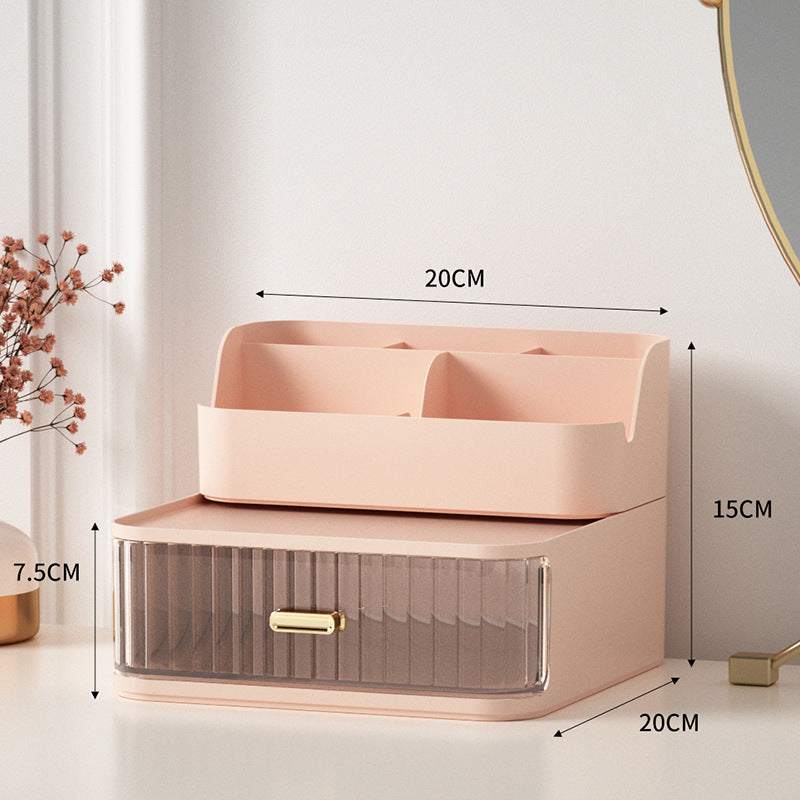Pink Nordic style space-saving vanity storage box with drawer and compartments, 20x20x15 cm plastic organizer