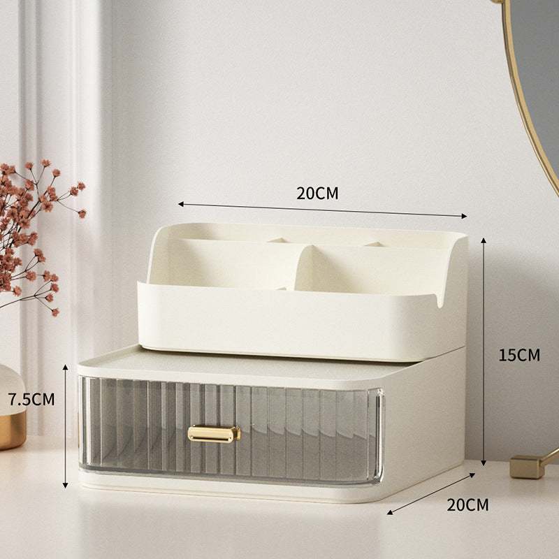 Compact Nordic style plastic space-saving vanity storage box with pen holder and drawer in milky white color, dimensions 20x20x15 cm