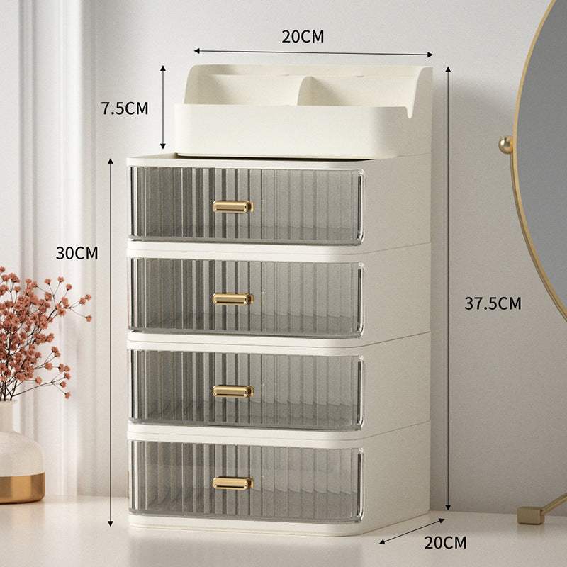 Space-saving Nordic style vanity storage box with multiple transparent drawers and warm milky white pen holder compartments.