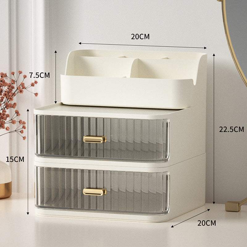 Compact white Nordic style vanity storage box with two drawers and top compartments, measuring 20x22.5x20 cm