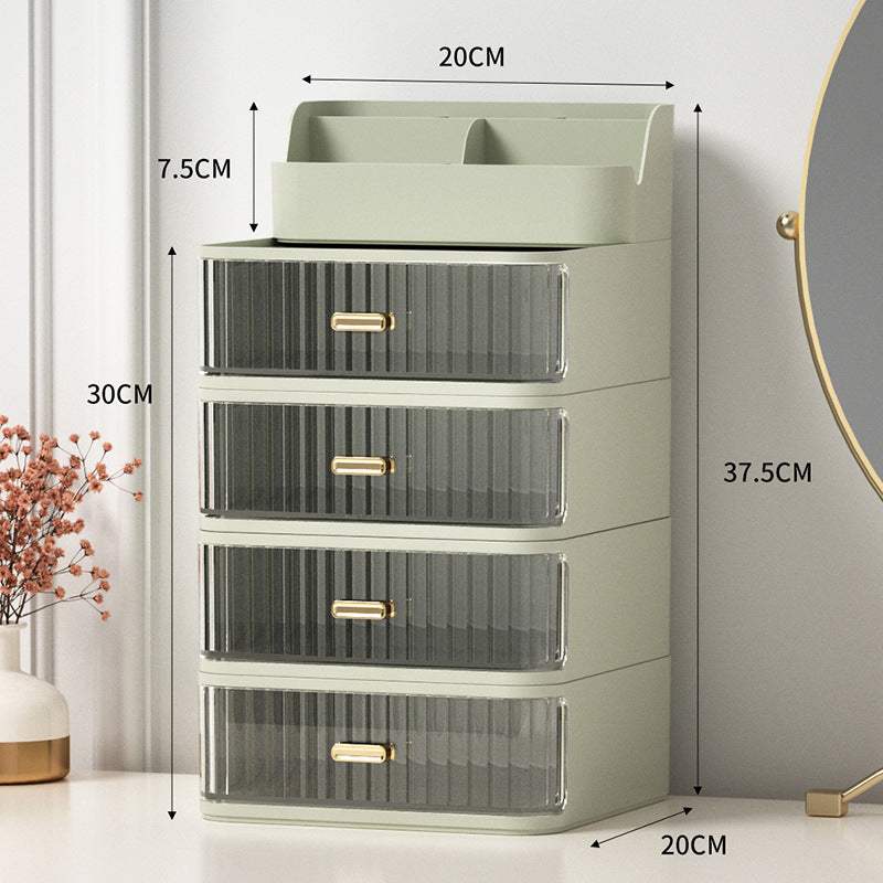 Nordic style 4-layer plastic space-saving vanity storage box in youngrace green with clear drawers and pen holder compartments