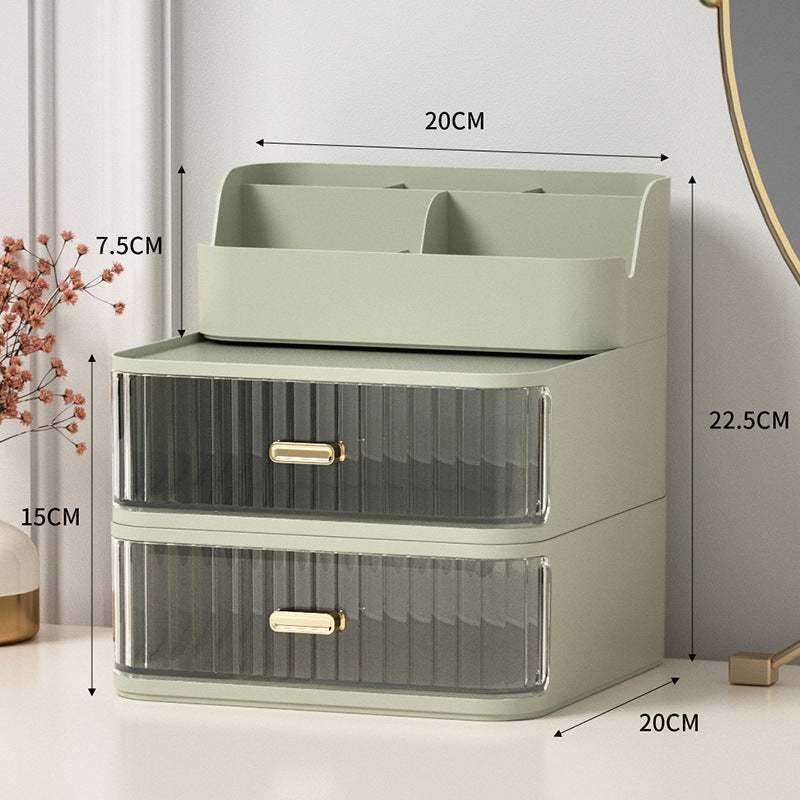 Nordic style green space-saving vanity storage box with two drawers and pen holder compartments, plastic material, compact design