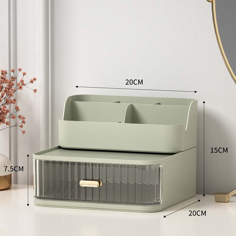 Nordic style green plastic space-saving vanity storage box with compartments and drawer, 20x20x15 cm