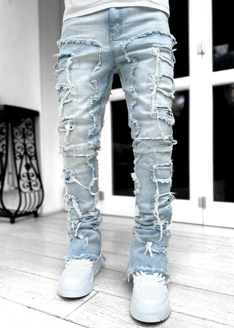 Light blue stacked jeans for men with distressed design and cotton fabric