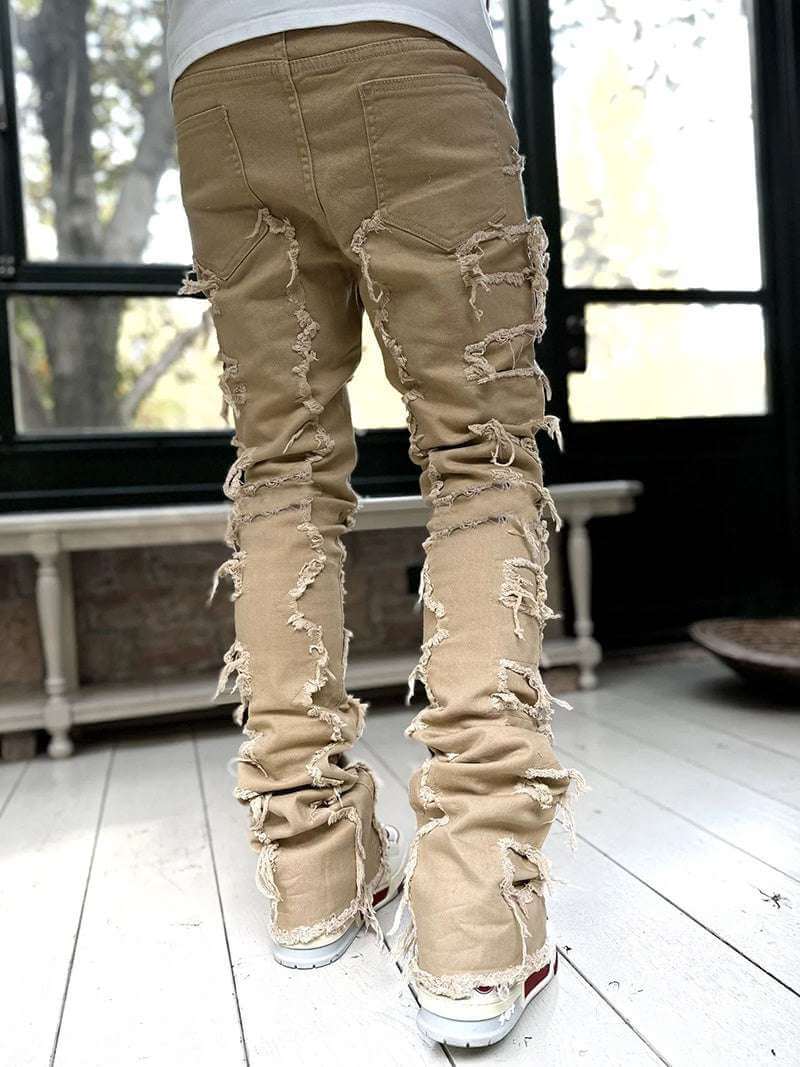 Men's stacked jeans in distressed khaki cotton fabric design
