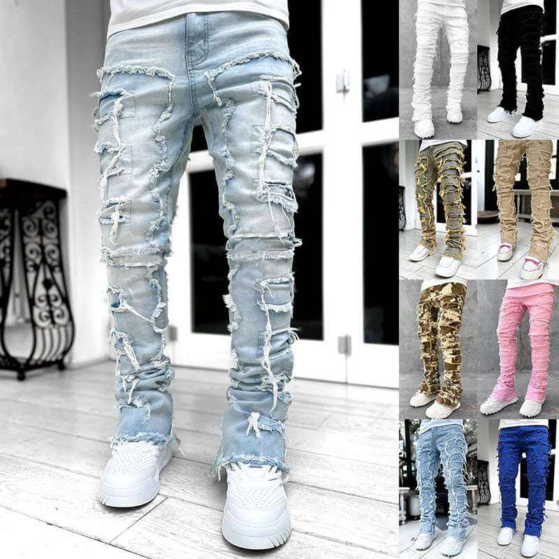 Men’s stacked jeans in distressed and various colors including light blue, black, white, pink, dark khaki, and blue, made of comfortable cotton fabric.