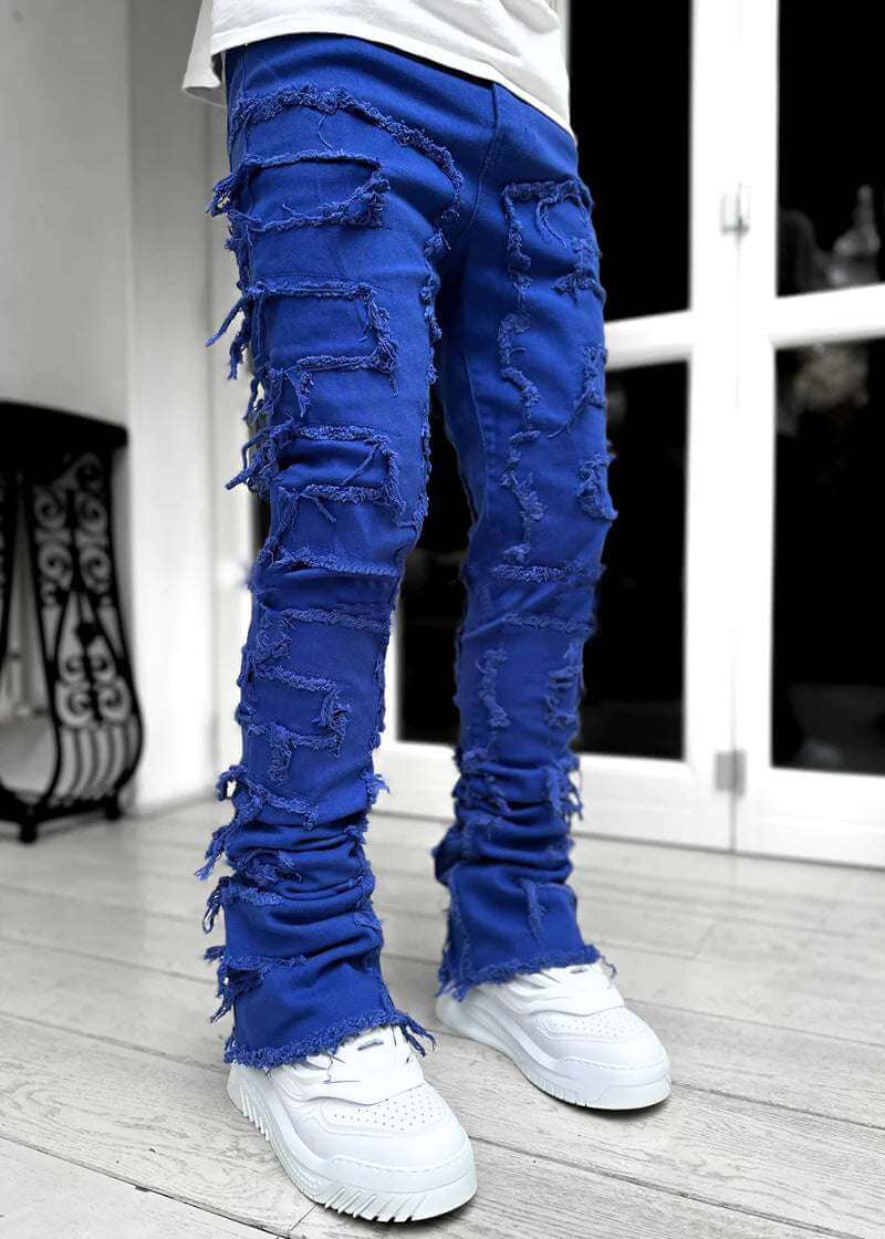 blue stacked jeans for men with distressed design and cotton fabric