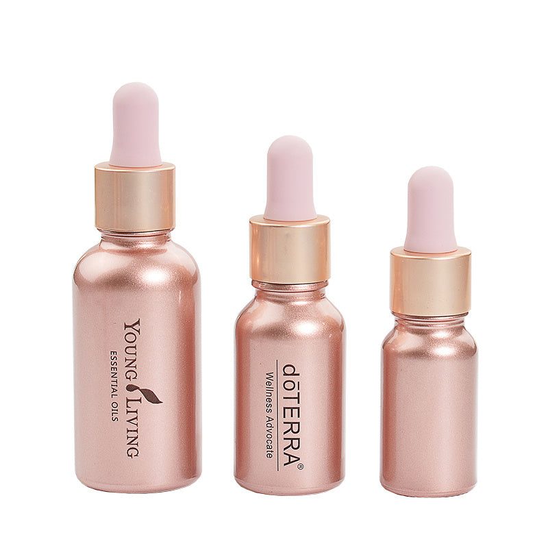 Rose gold glass dropper bottles for essential oils in 10ML, 15ML, and 30ML sizes