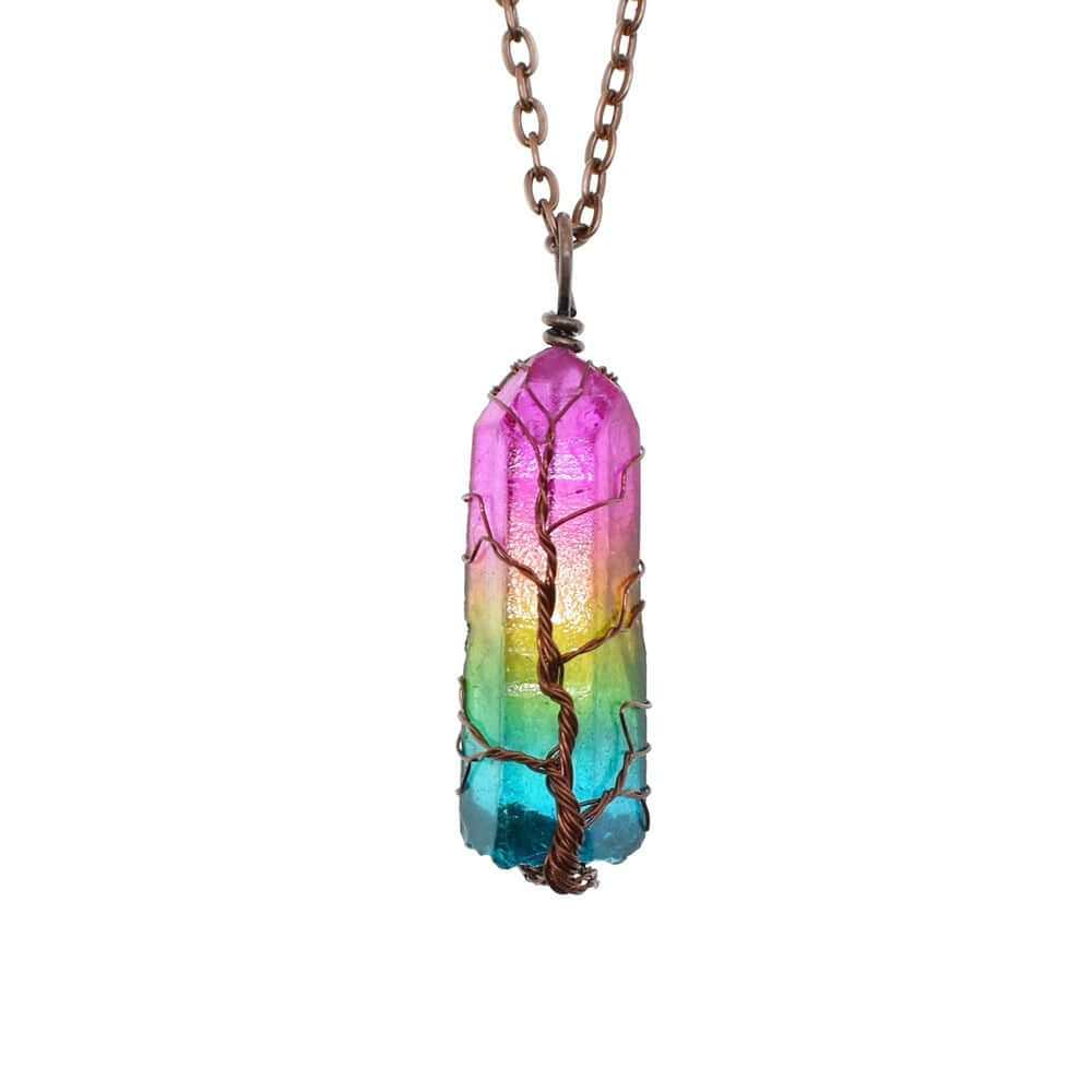 Colorful crystal pillar Tree of Life pendant on a chain, featuring gradient colors of pink, purple, and blue.
