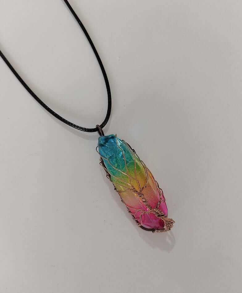 Colorful stone crystal pillar Tree of Life pendant necklace with a black O-chain.